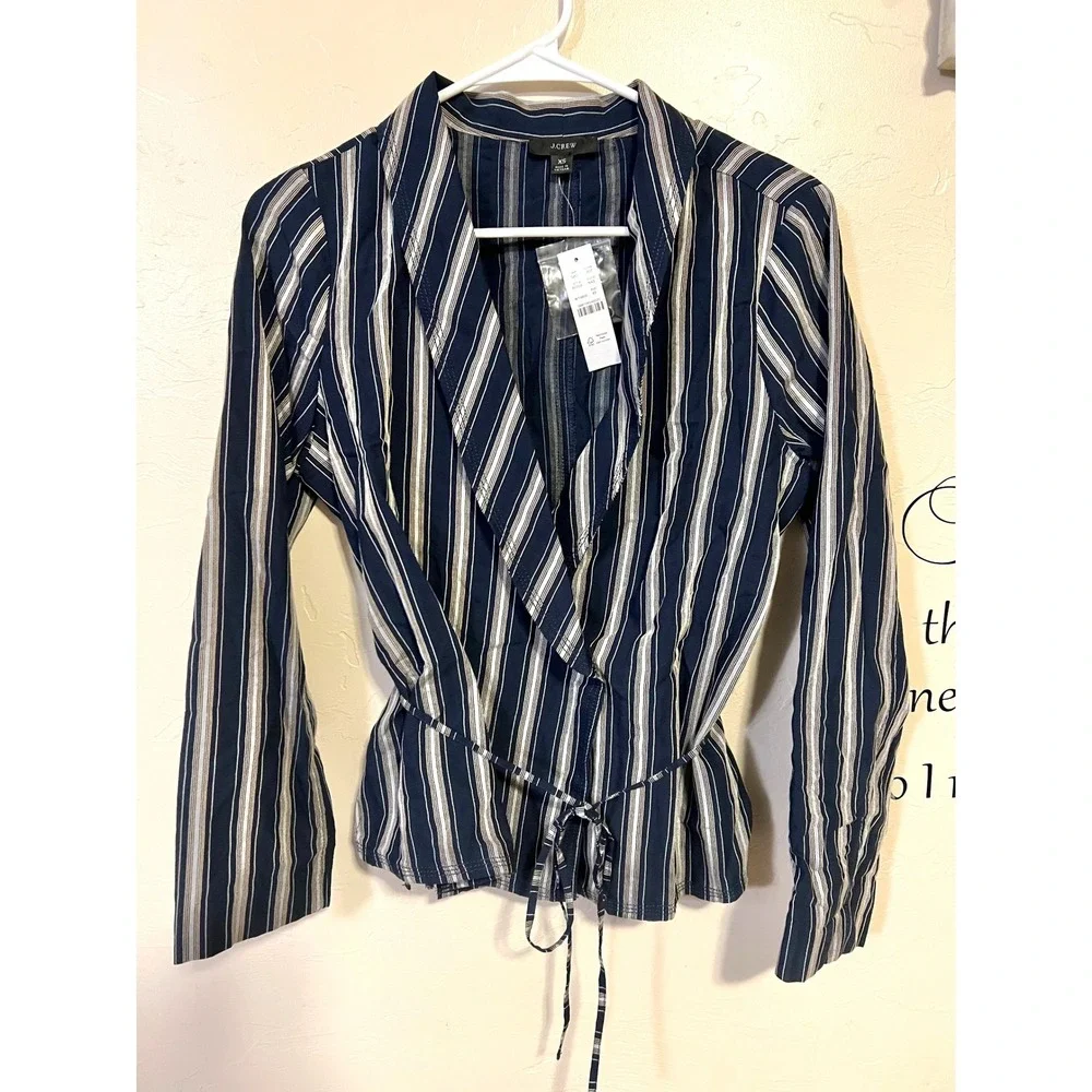 J.Crew Women Navy Blue White Striped Wrap Top Shawl Collar Long Sleeve XS‎ BG322